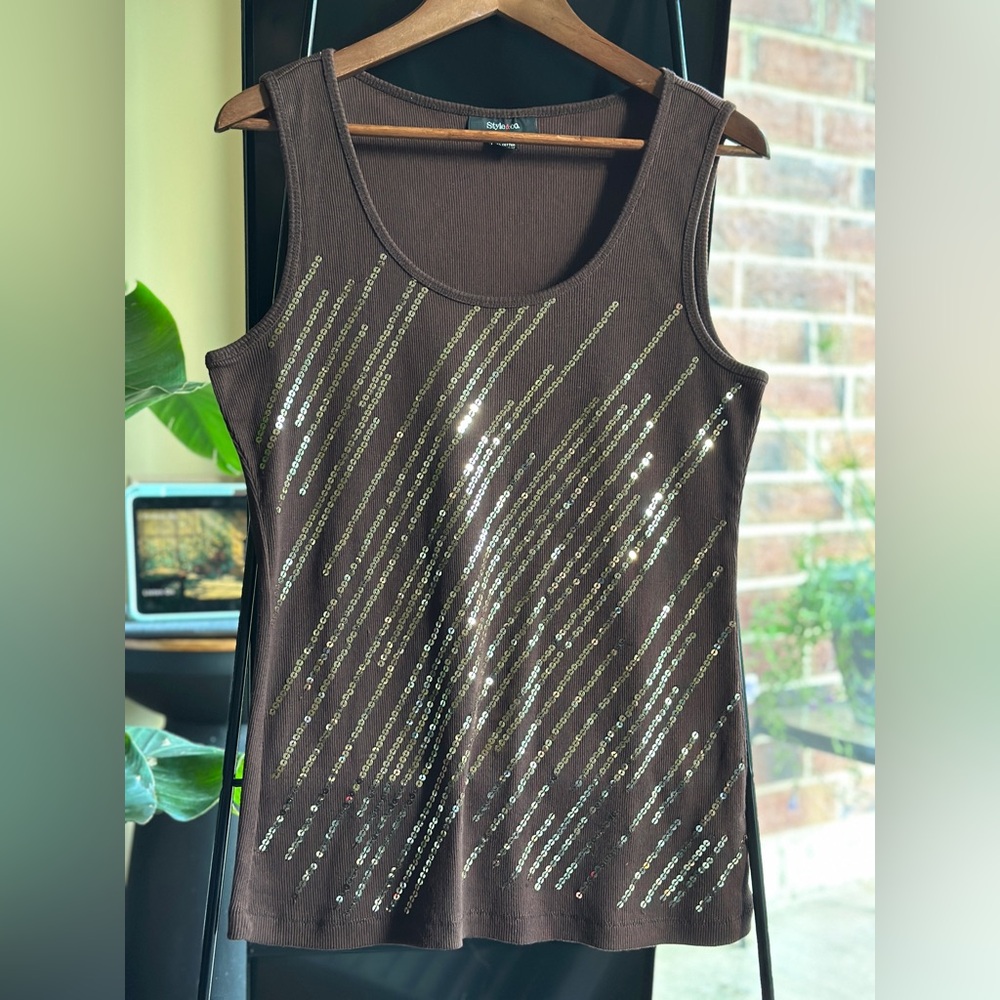 Style & Co. Brown Sequin Sleeveless Tank Top